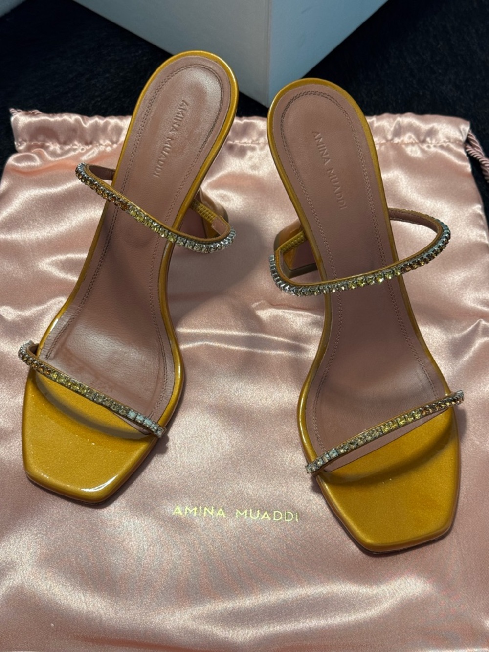 AMINA MUADDI Gilda Crystal-Embellished Patent-Leather Mules